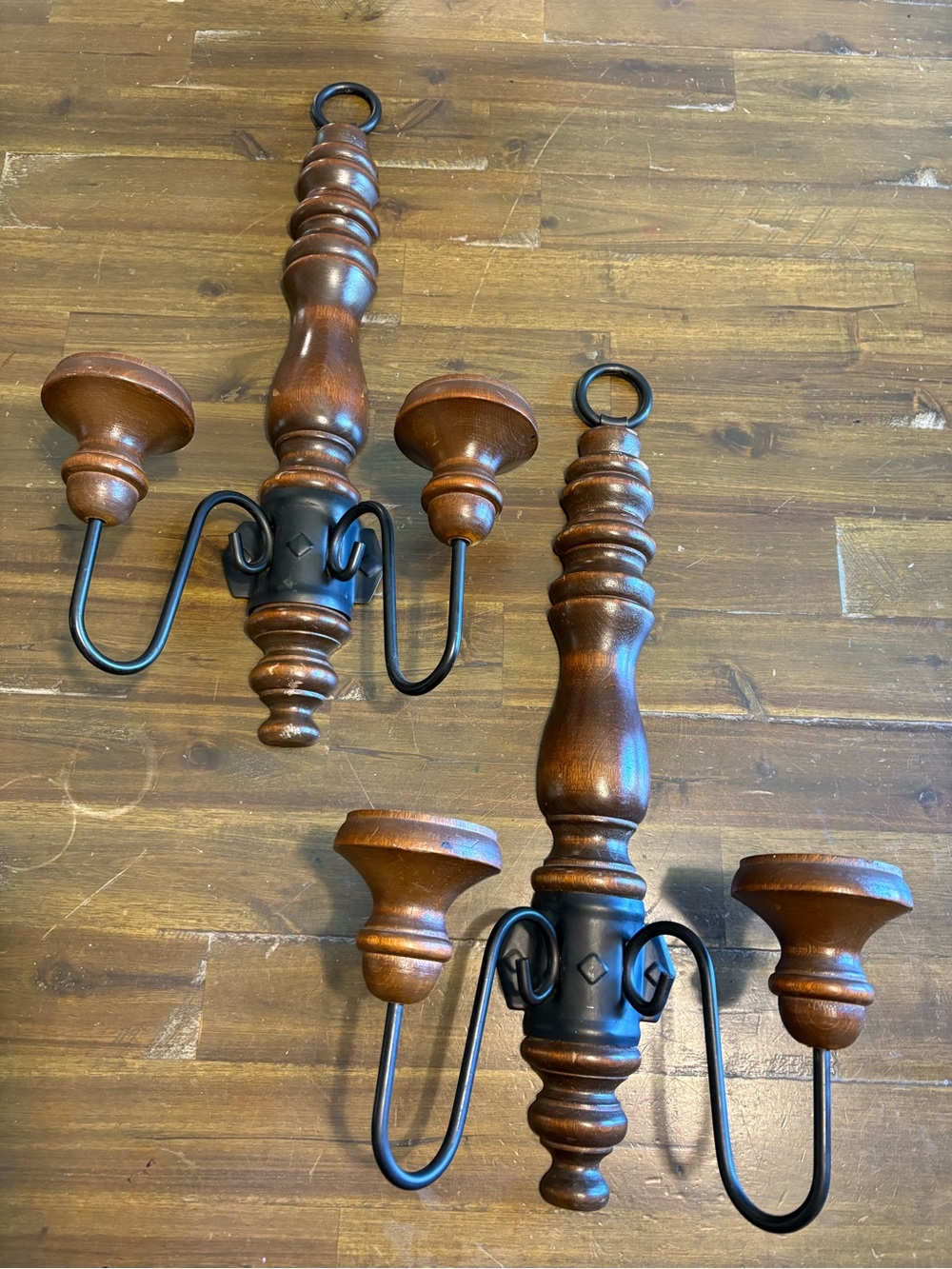 Vintage Homco Brown Wood Black Metal Double Candle Holder Wall Sconce Decor